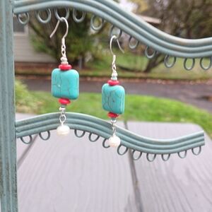 Turquoise and Red Dangle Earrings